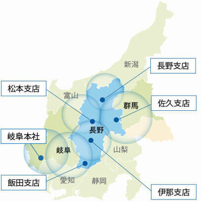 長野県内、岐阜県の支店一覧の地図